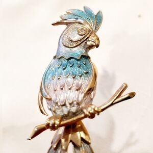 Parrot Brooch In Pastel Blue & Gold Tone Brass Detailed Elegant Whimsy Cute Rare